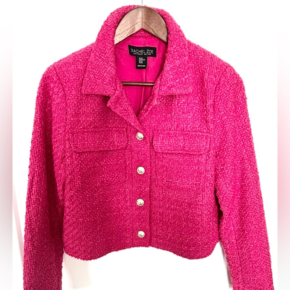 RACHEL ZOE FUCHSIA TWEED CROPPED BLAZER WITH GOLD TONE BUTTONS SZ XS